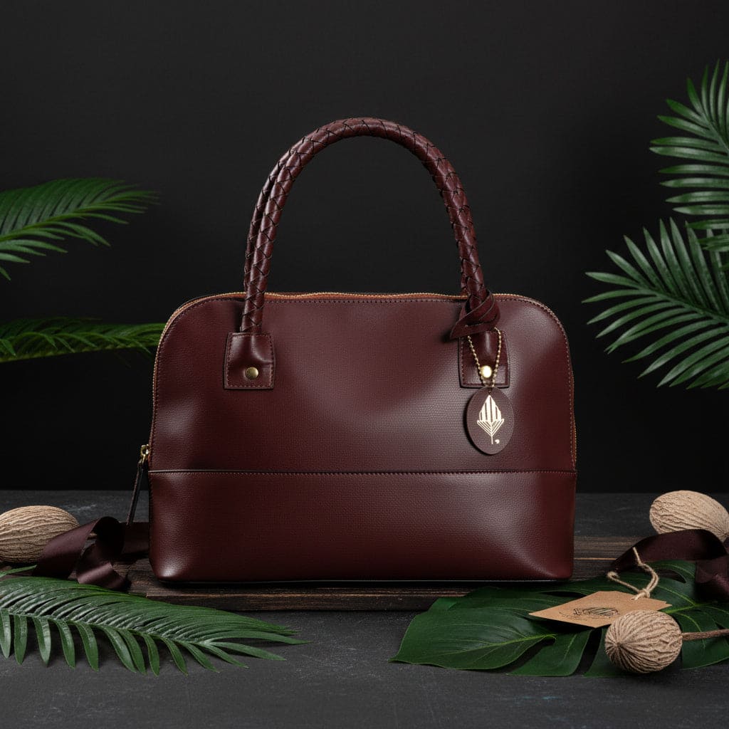Theia red plant-based leather shoulder bag front view with structured silhouette and gold detailing on dark background