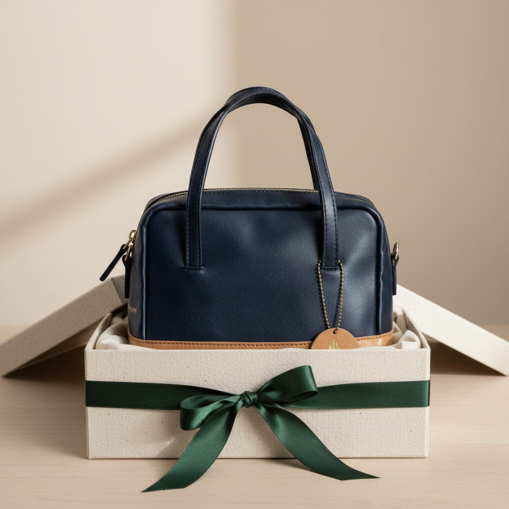 Navy blue and caramel plant leather satchel crossbody bag placed inside a gift box with green ribbon, showcasing premium packaging and gifting appeal