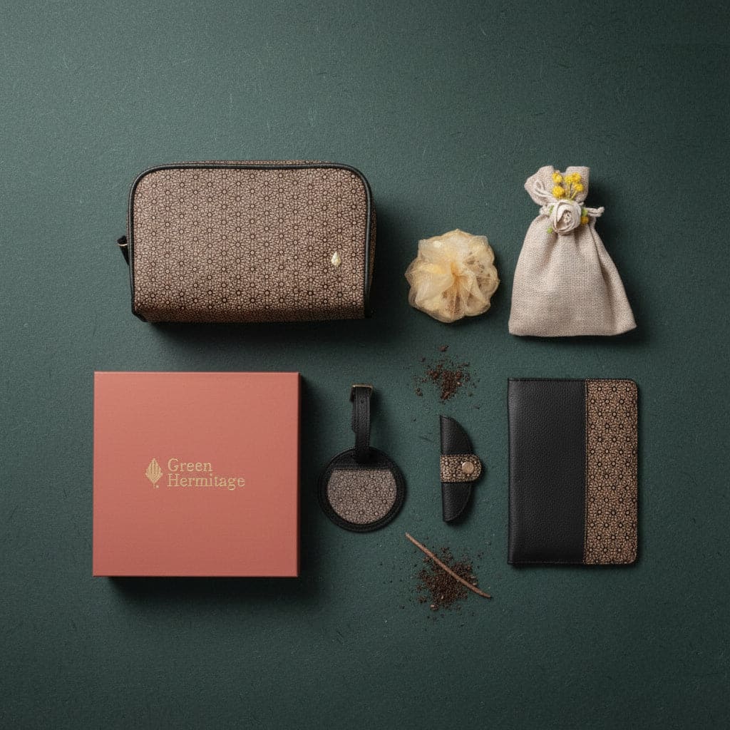Voyagers travel gift set by Green Hermitage with plant leather passport holder, travel tag, cable organiser and travel pouch arranged as sustainable travel accessories
