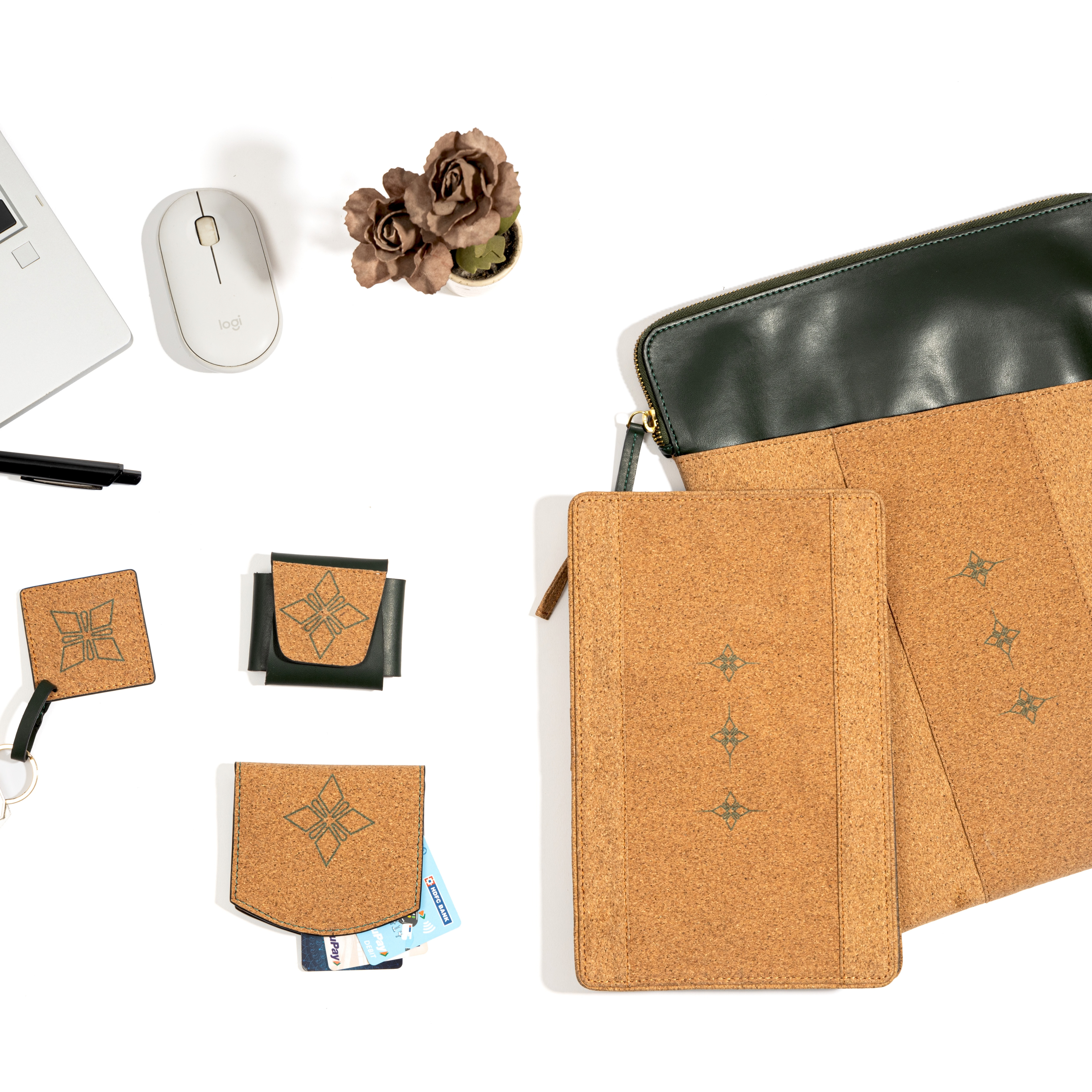 Work On-The-Go Gift Set in Basil featuring plant leather laptop sleeve cable organiser card holder AirPods cover and keychain by Green Hermitage