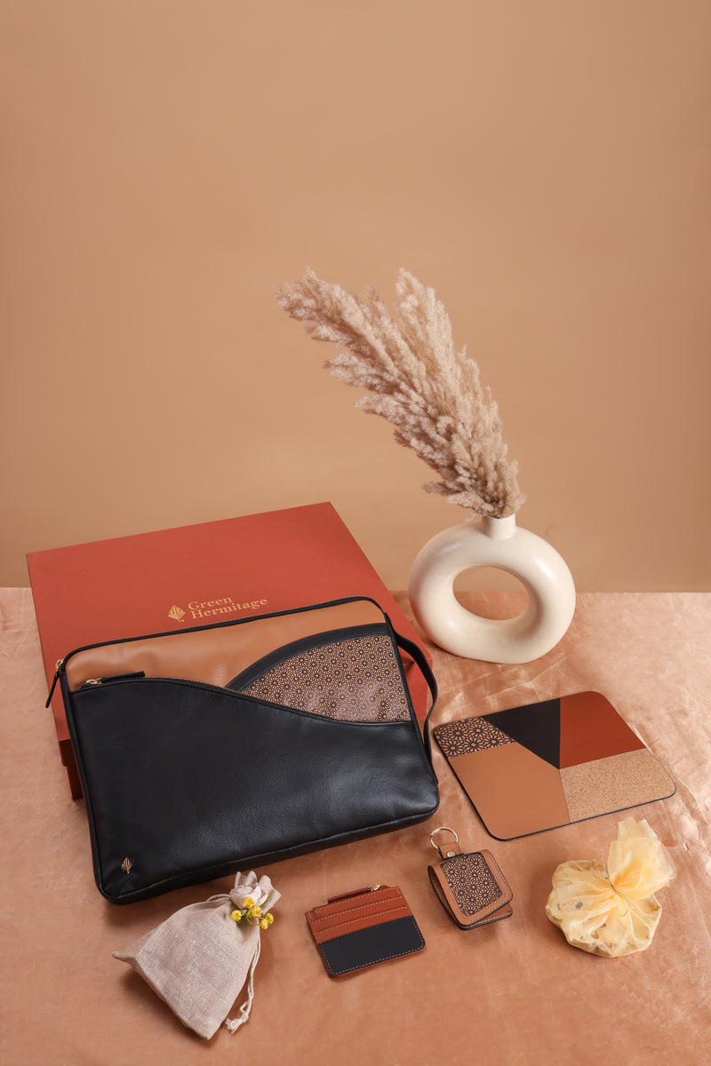 Workday Wonders Office Gift Set by Green Hermitage featuring plant leather laptop sleeve, mouse pad, card wallet and keychain – sustainable office essentials gift box